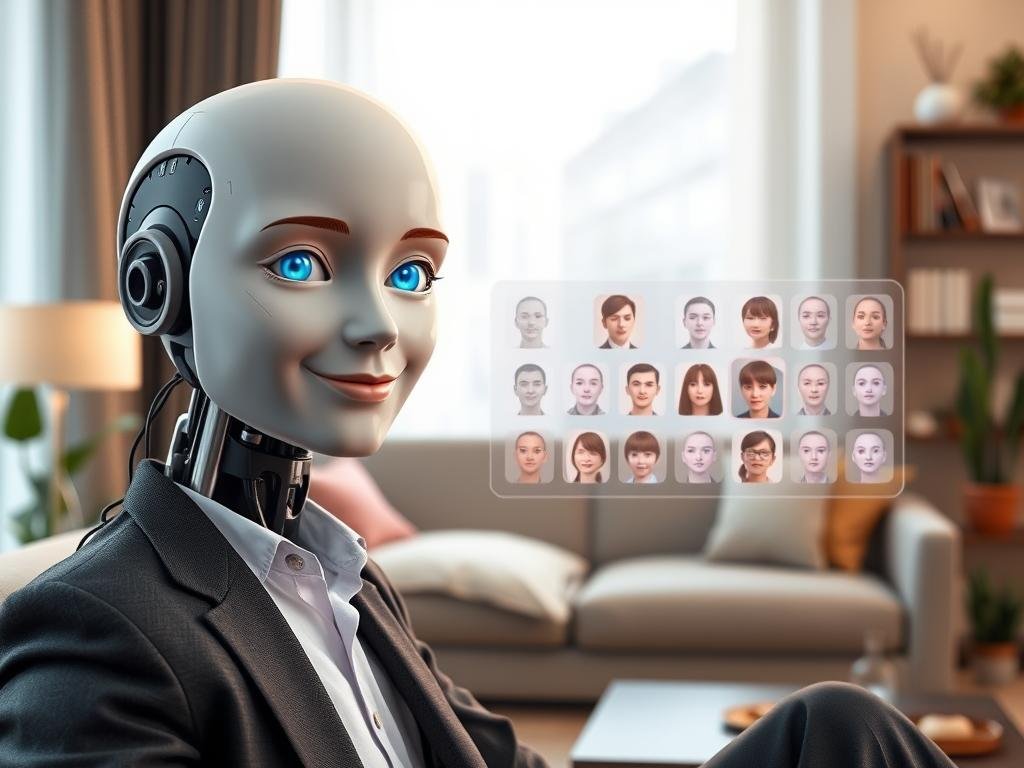 A highly realistic AI companion, depicted as a humanoid figure, sits comfortably in a modern living room. In the foreground, the AI has an expressive, warm face with bright, intelligent eyes, exuding a friendly demeanor. The figure is dressed in professional business attire, showcasing a stylish yet approachable look. The middle ground features a sleek, futuristic interface displaying various emotional expressions, emphasizing its personality. Soft, ambient lighting casts a gentle glow throughout the room, creating an inviting atmosphere. In the background, a well-decorated bookshelf and potted plants enhance the homey feel. The image should evoke a sense of companionship and innovation, capturing the essence of &ldquo;Sexlove.ai&rdquo; as a top-tier AI companion brand.