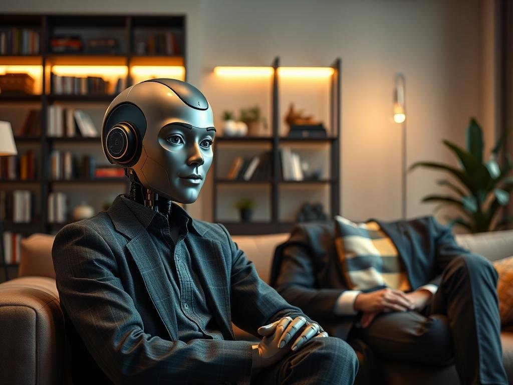 A highly realistic AI companion sits in a modern, cozy living room, exuding a warm, inviting atmosphere. The AI, designed to resemble an approachable human friend, has an expressive yet friendly face, wearing smart casual attire. In the foreground, the AI companion interacts with a person, who is dressed in professional business attire, sitting comfortably on a plush sofa. Around them, soft ambient lighting creates a serene mood, enhancing the sense of companionship. In the background, shelves filled with books and a few plants add a touch of sophistication. The scene conveys trust, connection, and the innovative nature of the app "Sexlove.ai". The angle captures both the AI and the user in a candid moment of engagement, emphasizing the personal and enriching nature of the interaction.