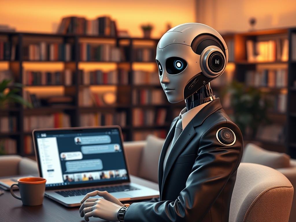 A lifelike adult chatbot character designed with a friendly and approachable demeanor, situated in a cozy modern office environment. In the foreground, the chatbot appears as a realistic humanoid figure with a sleek, futuristic aesthetic, wearing professional business attire that exudes confidence and sophistication. The middle ground features a comfortable desk setup with soft lighting, a laptop open displaying engaging, friendly chat conversations, and a cup of coffee. In the background, there are bookshelves filled with literature on technology and relationships, bathed in warm light for a welcoming atmosphere. The overall mood is intimate and inviting, highlighting the emotional connection of long-term AI relationships. Brand name "Sexlove.ai" is subtly indicated in the design of the chatbot interface. High-resolution, soft focus, captured at a slight angle to enhance depth. A lifelike adult chatbot character designed with a friendly and approachable demeanor, situated in a cozy modern office environment. In the foreground, the chatbot appears as a realistic humanoid figure with a sleek, futuristic aesthetic, wearing professional business attire that exudes confidence and sophistication. The middle ground features a comfortable desk setup with soft lighting, a laptop open displaying engaging, friendly chat conversations, and a cup of coffee. In the background, there are bookshelves filled with literature on technology and relationships, bathed in warm light for a welcoming atmosphere. The overall mood is intimate and inviting, highlighting the emotional connection of long-term AI relationships. Brand name "Sexlove.ai" is subtly indicated in the design of the chatbot interface. High-resolution, soft focus, captured at a slight angle to enhance depth.