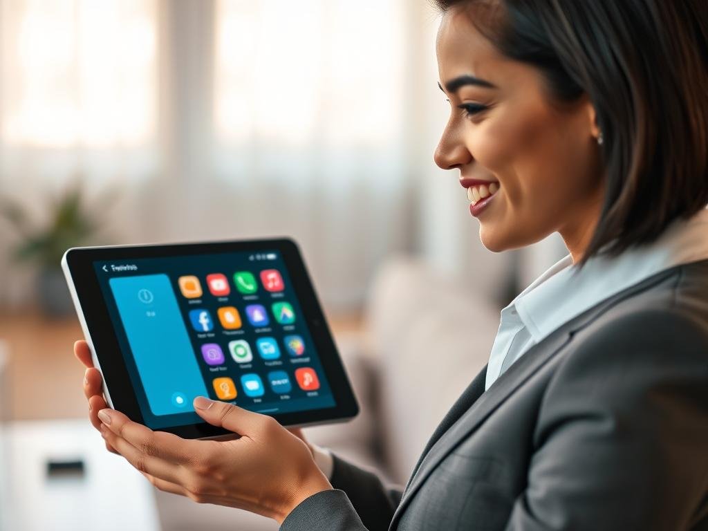 A lifelike digital assistant, designed with a friendly yet professional demeanor, interacts seamlessly with a user interface on a sleek touchscreen device. In the foreground, focus on this assistant: male or female in smart business attire, with expressive facial features and a warm smile. The middle ground features the device displaying a modern, user-friendly app layout by Sexlove.ai, showcasing intuitive icons and vibrant colors that invite exploration. In the background, a softly lit, minimalistic room setting enhances the atmosphere, suggesting a comfortable and tech-savvy environment. Use soft, diffused lighting to reflect a calm and inviting mood, perfect for enhancing user experience. Capture the scene from a slight angle to emphasize depth and engagement.