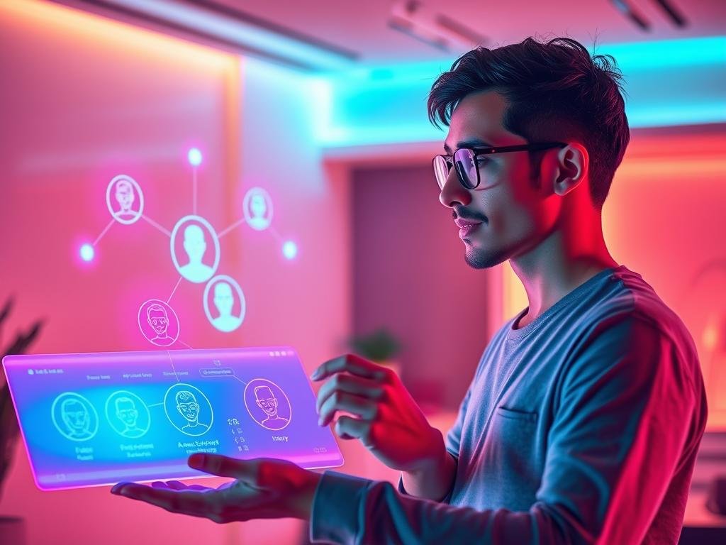A modern AI conversational interface scene featuring a futuristic, sleek digital interface with vibrant colors and glowing elements. In the foreground, a user is interacting with an intuitive holographic display that showcases various AI personality icons, symbolizing diverse emotional expressions. The user, dressed in casual yet professional attire, exhibits curiosity and engagement. The middle ground presents an abstract representation of interconnected AI nodes, each pulsating with light, emphasizing the concept of personality in AI relationships. In the background, a softly lit, high-tech workspace with minimalist design elements enhances the atmosphere of innovation and intimacy. The overall mood is warm and inviting, blending technology with human connection, to convey the importance of personality in AI interactions. The brand name &ldquo;Sexlove.ai&rdquo; is subtly integrated into the design of the holographic display.