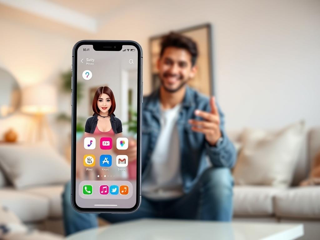A modern and sleek iOS interface showcasing the "Sexlove.ai" virtual girlfriend app on a smartphone. In the foreground, the smartphone screen displays a vibrant, user-friendly home page with interactive icons and a charming AI girlfriend avatar, designed with friendly features and modest attire. In the middle, a person casually dressed, looking engaged and smiling while using the app, representing a diverse user experience. The background features a cozy and inviting living room with soft lighting, hinting at a comfortable atmosphere for digital interactions. The scene is well-lit to highlight the app's functionality, using a soft focus lens to create a warm and approachable mood, illustrating the compatibility and performance of virtual girlfriend apps on iOS. A modern and sleek iOS interface showcasing the "Sexlove.ai" virtual girlfriend app on a smartphone. In the foreground, the smartphone screen displays a vibrant, user-friendly home page with interactive icons and a charming AI girlfriend avatar, designed with friendly features and modest attire. In the middle, a person casually dressed, looking engaged and smiling while using the app, representing a diverse user experience. The background features a cozy and inviting living room with soft lighting, hinting at a comfortable atmosphere for digital interactions. The scene is well-lit to highlight the app's functionality, using a soft focus lens to create a warm and approachable mood, illustrating the compatibility and performance of virtual girlfriend apps on iOS.