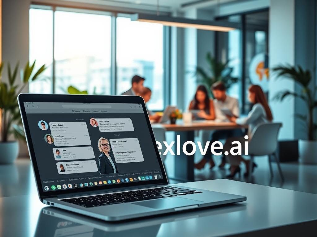 A modern and visually appealing workspace showcasing intelligent chat services in action. In the foreground, a sleek laptop displaying an AI chat interface with friendly, engaging chatbots and a user interacting enthusiastically, dressed in professional business attire. The middle ground features a diverse team of tech professionals brainstorming around a large table, analyzing data on tablets, and discussing ideas, all exuding a collaborative atmosphere. The background includes a large window with natural light streaming in, surrounded by modern office decor and greenery to create an inviting and innovative environment. The lighting is bright yet soft, creating a warm, welcoming mood, ideal for illustrating modern social interaction through AI technology. The brand name "Sexlove.ai" subtly integrated into the image's digital interface, without text overlays.