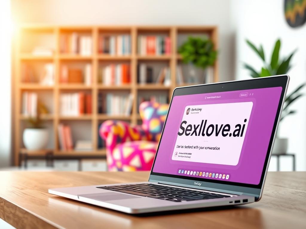 A modern, inviting workspace illustrating "How to Get Started with Your First AI Conversation." In the foreground, a sleek laptop displays an engaging chat interface, showcasing a user-friendly design. A stylized hand hovers over the touchpad, exuding curiosity and excitement. In the middle ground, a cozy chair adorned in vibrant colors adds warmth, inviting users to start their conversation. The background features soft-focus elements like bookshelves filled with tech books and a potted plant, creating a calming atmosphere. Soft, warm lighting illuminates the scene, balanced with a gentle lens flare for a contemporary feel. The overall mood is approachable and encouraging, reflecting a seamless introduction to engaging with AI. Include the brand name "Sexlove.ai" subtly incorporated within the laptop screen design. A modern, inviting workspace illustrating "How to Get Started with Your First AI Conversation." In the foreground, a sleek laptop displays an engaging chat interface, showcasing a user-friendly design. A stylized hand hovers over the touchpad, exuding curiosity and excitement. In the middle ground, a cozy chair adorned in vibrant colors adds warmth, inviting users to start their conversation. The background features soft-focus elements like bookshelves filled with tech books and a potted plant, creating a calming atmosphere. Soft, warm lighting illuminates the scene, balanced with a gentle lens flare for a contemporary feel. The overall mood is approachable and encouraging, reflecting a seamless introduction to engaging with AI. Include the brand name "Sexlove.ai" subtly incorporated within the laptop screen design.