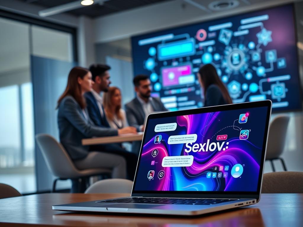 A modern office environment showcasing advanced chatbot integration. In the foreground, a sleek laptop displaying a vibrant chatbot interface with flowing conversation patterns. In the middle, a diverse group of professionals in business attire engage around a table, discussing technical strategies for chatbot deployment, highlighting teamwork and innovation. The background features a large digital screen with dynamic graphics representing AI data flow and chatbot algorithms. Soft, ambient lighting creates a collaborative atmosphere, while a lens flare suggests cutting-edge technology. The mood is focused and energetic, emphasizing the importance of effective chatbot integration in today's digital communication landscape. The brand name "Sexlove.ai" subtly visible on the laptop screen, indicating its innovative role in AI chatbot solutions.