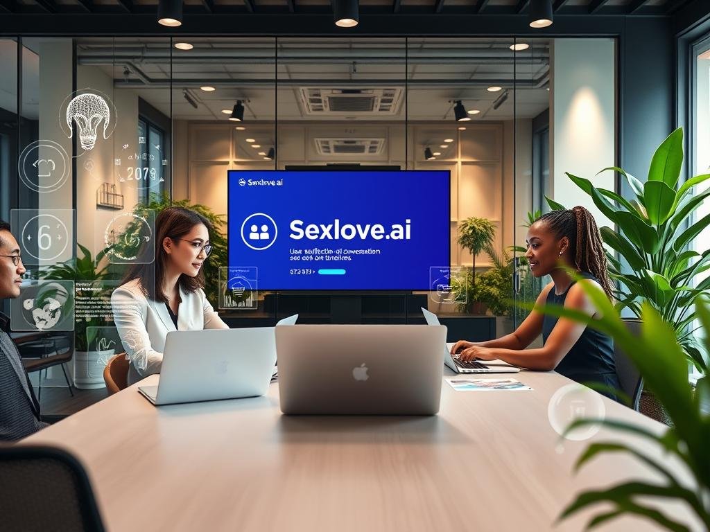 A modern office space showcasing the development of conversational AI, with a diverse group of three professionals&mdash;a Caucasian woman, an Asian man, and a Black woman&mdash;collaborating around a sleek table equipped with laptops and digital devices. In the foreground, they engage intently, surrounded by holographic displays illustrating AI interactions, algorithms, and user feedback data. The middle layer features a large digital screen displaying the logo "Sexlove.ai" alongside user satisfaction metrics, while glass partitions reflect soft, ambient lighting. In the background, lush green plants add a touch of nature, creating an inviting atmosphere. The overall mood is one of innovation and collaboration, emphasizing the positive impact of conversational AI development on user engagement. The scene is captured with a wide-angle lens, showcasing depth and clarity.
