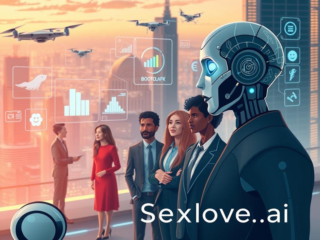 A modern, sleek illustration depicting the concept of "Understanding Personality-Driven Artificial Intelligence." In the foreground, a sophisticated humanoid robot with intricate patterns and glowing facial features, symbolizing AI intelligence, is engaged in a thoughtful interaction with a diverse group of individuals dressed in professional business attire, showcasing various cultures. In the middle ground, digital screens display graphical representations of personality traits, such as charts and icons, merging seamlessly with the human figures. The background features a futuristic cityscape bathed in soft, ambient lighting, with hints of technology such as drones and holographic interfaces. The atmosphere is inspiring and collaborative, reflecting the potential of AI in forming meaningful connections. The brand name "Sexlove.ai" is subtly integrated into the design, enhancing the theme without being obtrusive.
