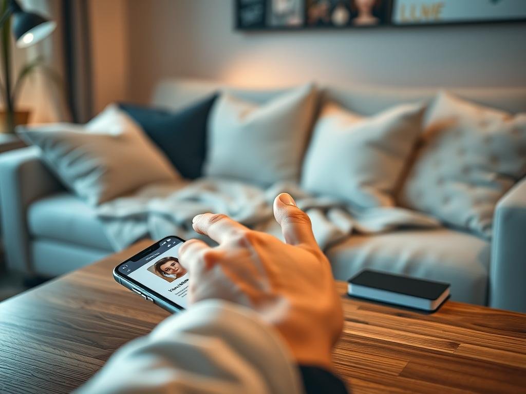 A modern, sleek interface of the "Sexlove.ai" app displayed on a smartphone, lying on a stylish wooden desk. The phone's screen shows an interactive AI girlfriend profile, showcasing personality traits like kindness and humor. In the background, a cozy room filled with soft lighting, plush pillows, and a calming color palette of blues and whites, creating a serene atmosphere. The foreground includes a gentle hand reaching for the phone, dressed in casual but tasteful attire, symbolizing the user's connection with the AI. The overall mood is inviting and warm, as if suggesting an alluring companionship. Soft focus on the background enhances the intimate feel, while a slight angle highlights the phone's screen clearly.