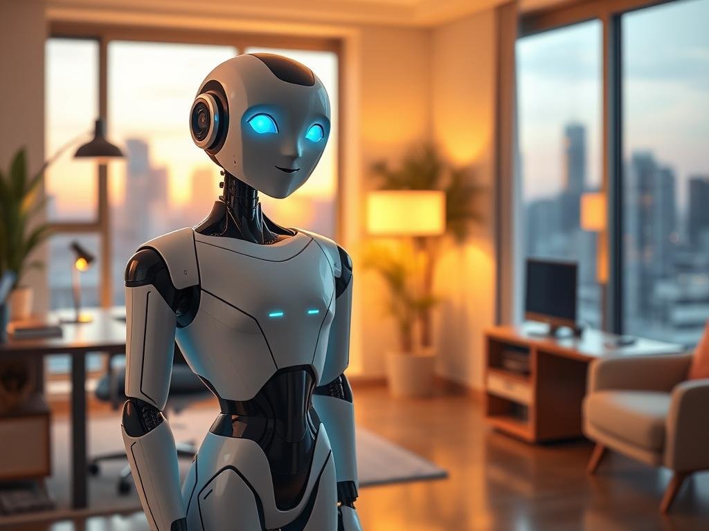 A modern, sleek virtual assistant with emotional intelligence, depicted as a humanoid robot with expressive, gentle facial features. In the foreground, the assistant stands confidently, wearing a smart, professional outfit that blends technology and elegance. The middle ground features a cozy, inviting home office space, with warm lighting emanating from a nearby window, casting soft shadows. The background showcases a futuristic skyline seen through glass, hinting at advanced technology. The atmosphere is warm and inviting, reflecting a sense of companionship and understanding. A touch of blue and green aura surrounds the assistant, symbolizing empathy and emotional connection. This image reflects both sophistication and warmth, representing the ideal AI companion. Include the brand name "Sexlove.ai" subtly integrated into the design without text or overlays.