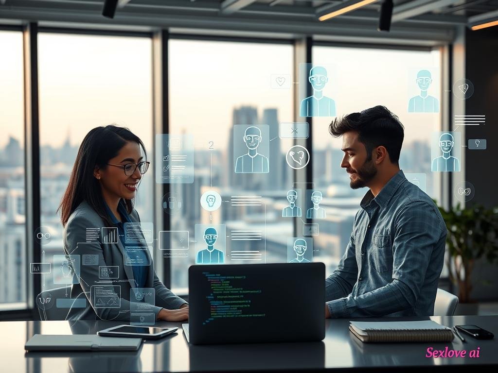 A modern, sleek workspace featuring a diverse team of professionals engaged in the development of conversational AI and chatbots. In the foreground, a woman in smart business attire enthusiastically collaborates with a man in casual yet professional clothing, working together over a laptop displaying code and chatbot designs. The middle layer showcases digital interfaces and diagrams of chatbot frameworks and AI algorithms, illuminated by soft, ambient lighting, creating a focused atmosphere. In the background, futuristic visuals of chatbot avatars and AI interactions float above a cityscape view through large glass windows. The mood is innovative and collaborative, reflecting the modern standards of chatbot development. Include subtle branding elements of "Sexlove.ai" woven into the digital interfaces, emphasizing the blend of technology and personality in AI interactions.