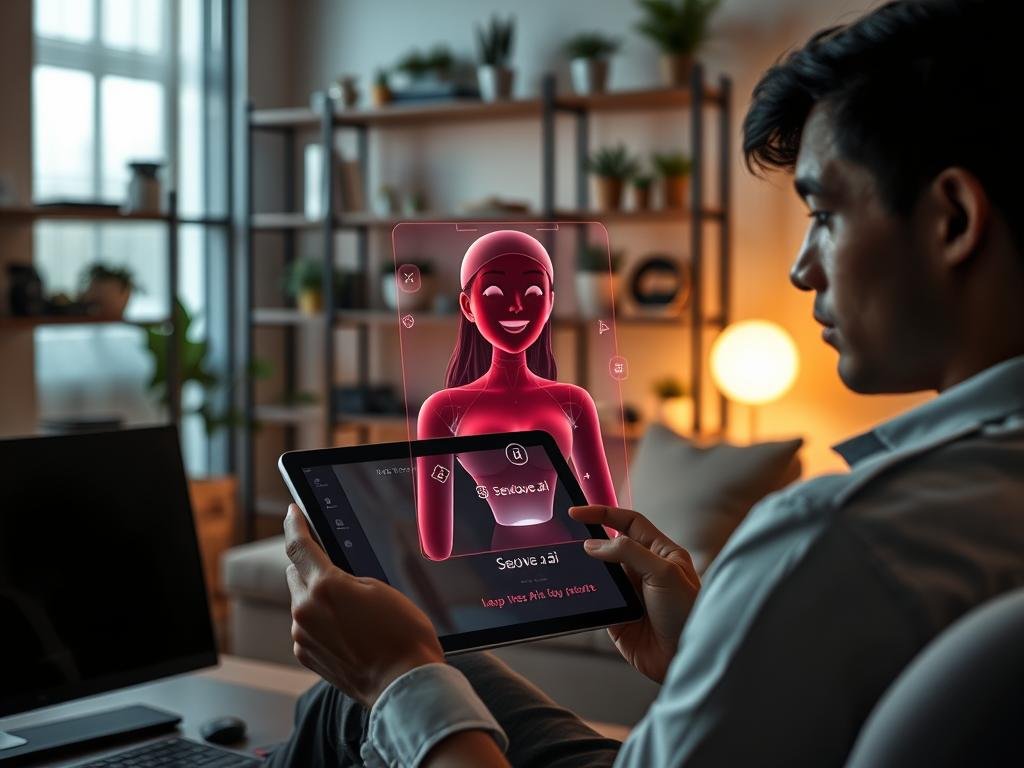 A modern, sleek workspace is depicted in the foreground where a person, dressed in smart casual attire, is engaging with a high-tech tablet displaying the "Sexlove.ai" app. The middle scene features a visual representation of the AI girlfriend, designed as a holographic figure with a friendly expression, animated to convey personality and warmth. The background showcases a softly lit, contemporary room with shelves filled with tech gadgets and plants, creating an inviting atmosphere. The lighting is warm and diffused, creating a cozy feel, with soft shadows enhancing the scene. The angle captures the user's focused expression as they evaluate the app's features, underlining the theme of connection and emotional engagement.