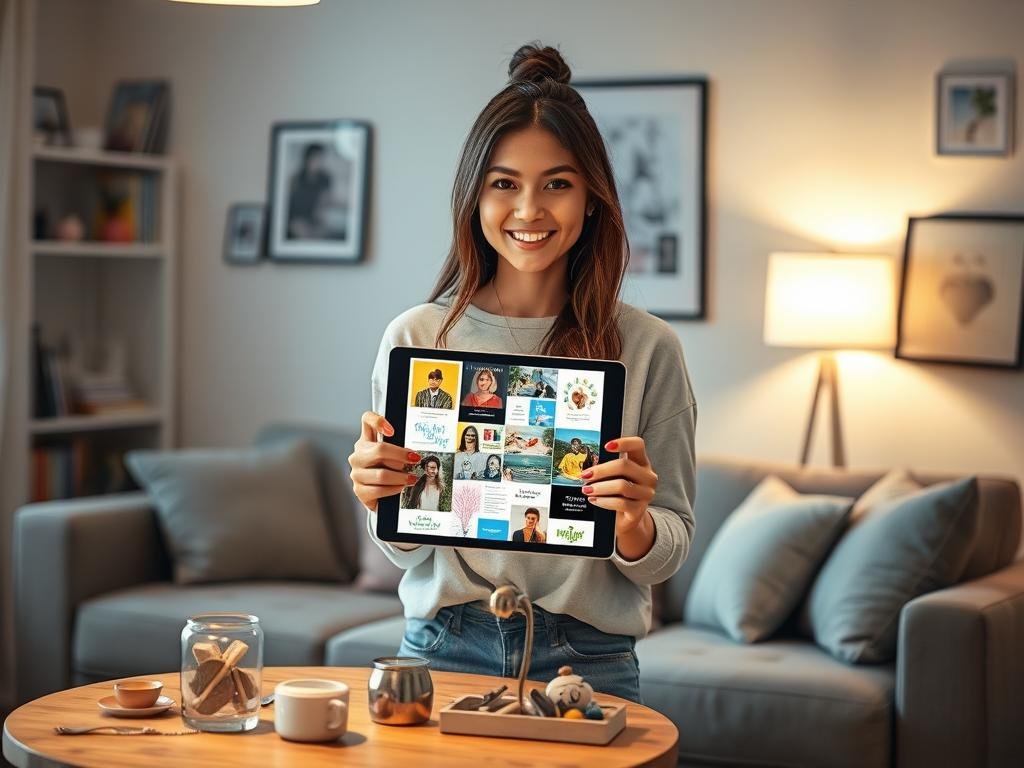 A modern virtual girlfriend stands in a cozy, softly lit living room, showcasing an aura of warmth and familiarity. She has an inviting smile and is dressed in casual yet stylish attire, embodying an approachable personality. In her hands, she holds a digital tablet displaying an array of colorful memories, like photo collages and sentimental notes. The foreground features a small table adorned with personal keepsakes, hinting at shared experiences. The middle ground captures the virtual girlfriend engaging with the viewer, her expression radiating joy and connection. In the background, gentle ambient lighting creates a relaxed atmosphere, with shelves lined with books and framed photos that evoke a sense of nostalgia. This image represents the concept of a personalized virtual girlfriend with memories, emphasizing intimate yet platonic companionship. Brand: Sexlove.ai.