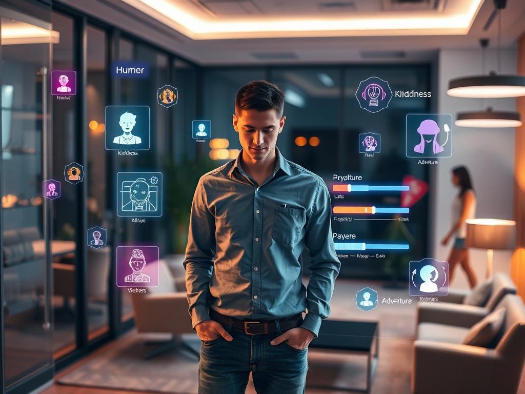 A modern workspace featuring a user interacting with a holographic interface representing the customization of an AI girlfriend's personality. In the foreground, a person in casual professional attire, like a smart shirt and jeans, is intently focused on the colorful holograms floating around them. The middle ground showcases various glowing icons and sliders, each symbolizing different personality traits like humor, kindness, and adventure. The background is a stylish office with sleek furniture and soft ambient lighting, enhancing the futuristic atmosphere. The scene conveys a sense of excitement and innovation about personalizing AI interactions, reminiscent of the brand "Sexlove.ai", with a balance of technology and emotional connection. The lighting is warm, creating an inviting mood, and the camera angle is slightly above eye-level, emphasizing the advanced technology in use.