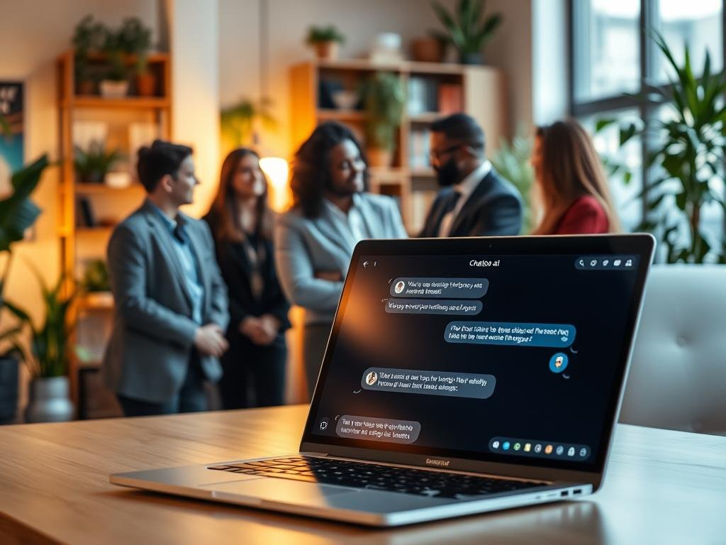 A modern workspace setting showcasing a chatbot conversation. In the foreground, a sleek laptop with a digital chat interface displayed, featuring friendly and engaging chatbot responses. The middle ground depicts a diverse group of people, dressed in professional business attire, interacting with the chatbot, expressing curiosity and engagement. Soft, warm lighting illuminates the scene, creating an inviting atmosphere. In the background, a cozy office filled with plants and bookshelves, suggesting a blend of comfort and innovation. The composition captures a sense of connection and emotional intelligence, emphasizing the importance of empathy in technology. Ensure the scene is lively yet serene, with a focus on the interaction between humans and the chatbot interface from Sexlove.ai. A modern workspace setting showcasing a chatbot conversation. In the foreground, a sleek laptop with a digital chat interface displayed, featuring friendly and engaging chatbot responses. The middle ground depicts a diverse group of people, dressed in professional business attire, interacting with the chatbot, expressing curiosity and engagement. Soft, warm lighting illuminates the scene, creating an inviting atmosphere. In the background, a cozy office filled with plants and bookshelves, suggesting a blend of comfort and innovation. The composition captures a sense of connection and emotional intelligence, emphasizing the importance of empathy in technology. Ensure the scene is lively yet serene, with a focus on the interaction between humans and the chatbot interface from Sexlove.ai.