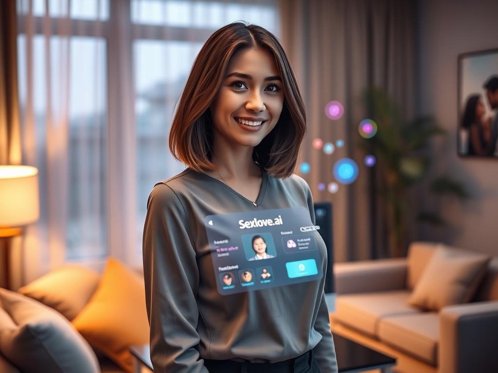 A personalized AI girlfriend, depicted as a friendly and approachable virtual assistant, is standing in a modern, cozy living room setting. She has shoulder-length hair, wearing a stylish, professional outfit. The foreground features her engaging smile and inviting posture, while soft, warm lighting creates an intimate mood. In the middle ground, a sleek computer displaying the Sexlove.ai interface highlights the technology behind her, with colorful holographic elements emanating from the device. The background includes comfortable furniture and a softly lit window, suggesting a serene evening atmosphere. The overall scene should evoke a sense of companionship and futuristic charm, embodying the essence of a personalized AI partner. A personalized AI girlfriend, depicted as a friendly and approachable virtual assistant, is standing in a modern, cozy living room setting. She has shoulder-length hair, wearing a stylish, professional outfit. The foreground features her engaging smile and inviting posture, while soft, warm lighting creates an intimate mood. In the middle ground, a sleek computer displaying the Sexlove.ai interface highlights the technology behind her, with colorful holographic elements emanating from the device. The background includes comfortable furniture and a softly lit window, suggesting a serene evening atmosphere. The overall scene should evoke a sense of companionship and futuristic charm, embodying the essence of a personalized AI partner.