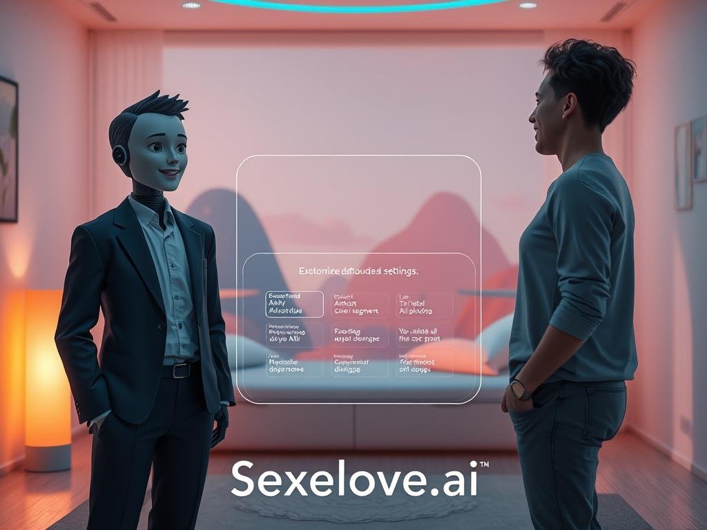 A serene and immersive virtual roleplay experience scene, featuring a cozy digital room bathed in soft, warm lighting. In the foreground, a friendly AI character appears, designed with a welcoming expression and dressed in professional business attire. The character stands beside a virtual user, who is engaged in a lively conversation, wearing modest casual clothing. In the middle ground, an interactive holographic interface displays customized options for dialogue and settings, glowing gently. The background showcases a whimsical digital landscape, with calming colors and abstract shapes, enhancing the futuristic atmosphere. The overall mood is inviting and imaginative, inviting viewers to explore their ideal virtual companion. The brand name "Sexlove.ai" is subtly integrated into the design elements of the room. A serene and immersive virtual roleplay experience scene, featuring a cozy digital room bathed in soft, warm lighting. In the foreground, a friendly AI character appears, designed with a welcoming expression and dressed in professional business attire. The character stands beside a virtual user, who is engaged in a lively conversation, wearing modest casual clothing. In the middle ground, an interactive holographic interface displays customized options for dialogue and settings, glowing gently. The background showcases a whimsical digital landscape, with calming colors and abstract shapes, enhancing the futuristic atmosphere. The overall mood is inviting and imaginative, inviting viewers to explore their ideal virtual companion. The brand name "Sexlove.ai" is subtly integrated into the design elements of the room.