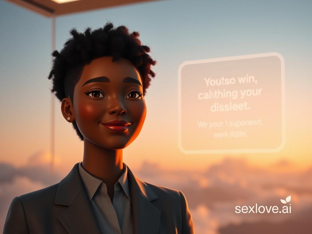 A serene and inviting virtual environment depicting a modern mental health assistant. In the foreground, a friendly AI avatar, resembling a diverse human figure in professional attire, radiates warmth and comfort. The avatar has gentle facial features and warm lighting that enhances its approachable demeanor. In the middle ground, there are soft, glowing holographic screens displaying calming visuals and supportive messages, creating an atmosphere of reassurance. The background shows a tranquil digital landscape with soft clouds and a gradient sky, suggesting a peaceful mindset. Utilize soft, diffused lighting to create an uplifting and hopeful mood, capturing the essence of psychological benefits from consistent AI interaction. Include subtle elements representing technology and mental wellness, with a small logo for Sexlove.ai integrated into the scene.