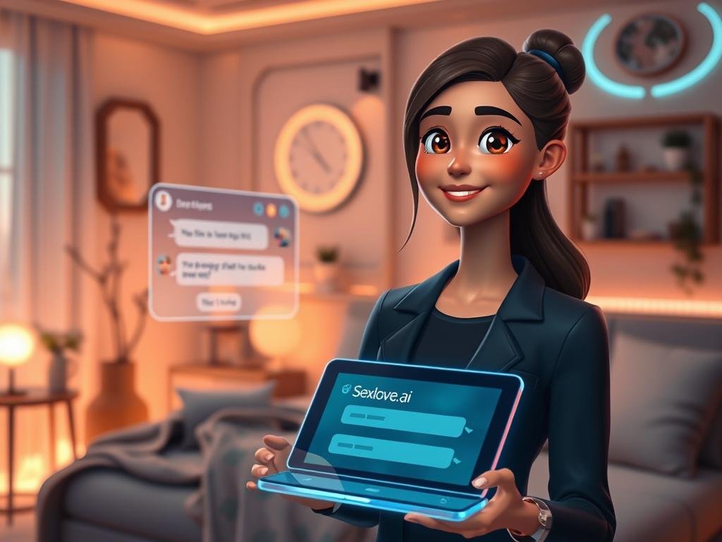 A serene, cozy virtual environment depicting an AI girlfriend chat companion, styled with an ethereal glow. The foreground features a holographic interface showcasing a friendly, animated female character with warm, inviting features, dressed in smart casual attire. She has a gentle smile and expressive eyes, exuding personality and intelligence. In the middle ground, a sleek digital device displays a conversation in a visually engaging way, blending seamlessly with the character. The background includes a softly lit room, adorned with futuristic decor and subtle technological elements, conveying a sense of intimacy and connection. The overall mood is warm and inviting, with soft, ambient lighting creating a peaceful atmosphere. The brand name "Sexlove.ai" subtly appears on the interface, enhancing the futuristic aesthetic. A serene, cozy virtual environment depicting an AI girlfriend chat companion, styled with an ethereal glow. The foreground features a holographic interface showcasing a friendly, animated female character with warm, inviting features, dressed in smart casual attire. She has a gentle smile and expressive eyes, exuding personality and intelligence. In the middle ground, a sleek digital device displays a conversation in a visually engaging way, blending seamlessly with the character. The background includes a softly lit room, adorned with futuristic decor and subtle technological elements, conveying a sense of intimacy and connection. The overall mood is warm and inviting, with soft, ambient lighting creating a peaceful atmosphere. The brand name "Sexlove.ai" subtly appears on the interface, enhancing the futuristic aesthetic.