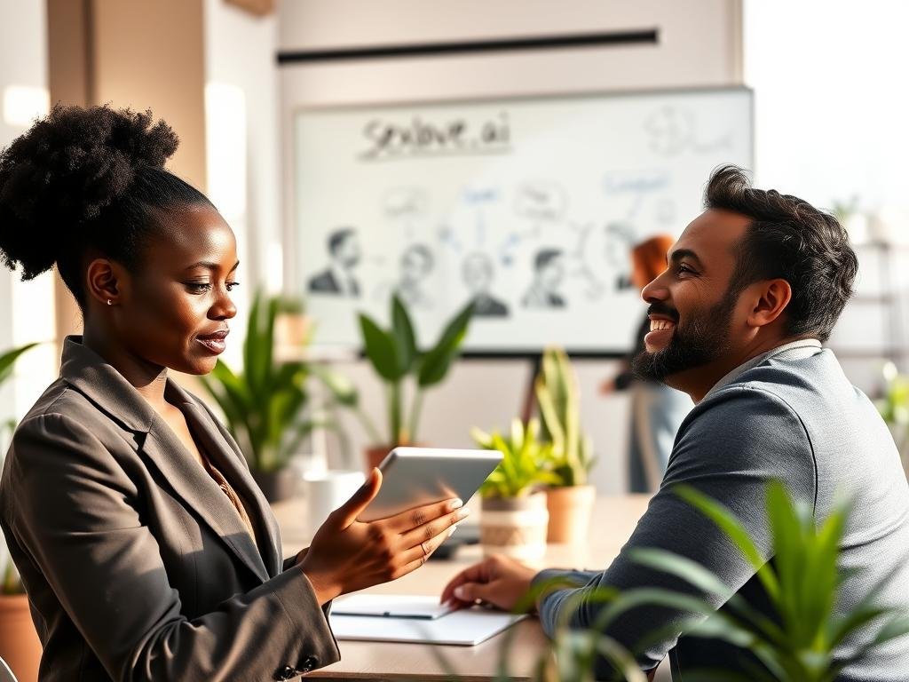 A serene digital workspace featuring a warm, inviting atmosphere, where a diverse group of professionals engaged in a brainstorming session about emotional intelligence and AI. In the foreground, a thoughtful Black woman in a professional business suit examines a tablet, her expression reflecting deep contemplation. To her right, a Caucasian man smiling gently, demonstrating empathy and connection through body language. In the middle ground, a modern office filled with plants, soft lighting, and a large window casting natural light, creating a calm ambiance. In the background, whiteboard sketches depict concepts of emotional intelligence and personality. The overall mood is collaborative and innovative, with bright, yet soft color palettes. The name "Sexlove.ai" subtly incorporated into the office environment, such as on a desk item or screen, enhancing context without disrupting aesthetics. A serene digital workspace featuring a warm, inviting atmosphere, where a diverse group of professionals engaged in a brainstorming session about emotional intelligence and AI. In the foreground, a thoughtful Black woman in a professional business suit examines a tablet, her expression reflecting deep contemplation. To her right, a Caucasian man smiling gently, demonstrating empathy and connection through body language. In the middle ground, a modern office filled with plants, soft lighting, and a large window casting natural light, creating a calm ambiance. In the background, whiteboard sketches depict concepts of emotional intelligence and personality. The overall mood is collaborative and innovative, with bright, yet soft color palettes. The name "Sexlove.ai" subtly incorporated into the office environment, such as on a desk item or screen, enhancing context without disrupting aesthetics.