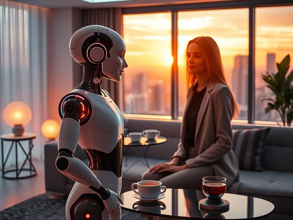 A serene, futuristic living room setting, softly illuminated by warm ambient lighting, highlighting an elegant holographic AI companion with a friendly and approachable demeanor, embodying emotional intelligence. In the foreground, the AI figure, designed with soft curves and an inviting expression, interacts with a young woman dressed in smart casual attire, conveying a sense of companionship and connection. The middle ground features a sleek modern sofa, a small table with a steaming cup of tea, and a window showcasing a futuristic cityscape outside, bathed in the golden light of sunset. The overall mood is warm and inviting, suggesting comfort and deep emotional engagement between the characters. The brand name "Sexlove.ai" subtly integrated into the AI’s design elements. A serene, futuristic living room setting, softly illuminated by warm ambient lighting, highlighting an elegant holographic AI companion with a friendly and approachable demeanor, embodying emotional intelligence. In the foreground, the AI figure, designed with soft curves and an inviting expression, interacts with a young woman dressed in smart casual attire, conveying a sense of companionship and connection. The middle ground features a sleek modern sofa, a small table with a steaming cup of tea, and a window showcasing a futuristic cityscape outside, bathed in the golden light of sunset. The overall mood is warm and inviting, suggesting comfort and deep emotional engagement between the characters. The brand name "Sexlove.ai" subtly integrated into the AI’s design elements.