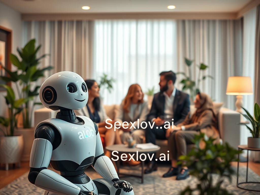 A serene, inviting scene illustrating the concept of "The Importance of Personality in AI Companionship." In the foreground, a friendly humanoid robot with a warm expression sits comfortably next to a diverse group of individuals, all dressed in professional attire to emphasize a supportive environment. In the middle, these individuals engage in meaningful conversation, showcasing the emotional connection fostered by the AI. The background features a cozy, modern living room with soft lighting, plants, and a blend of technology and comfort, symbolizing harmony between AI and human interaction. The atmosphere should evoke warmth, empathy, and companionship, reflecting trust and understanding in emotional support. The brand "Sexlove.ai" is subtly integrated into the setting, perhaps in decor, to create a cohesive visual narrative.
