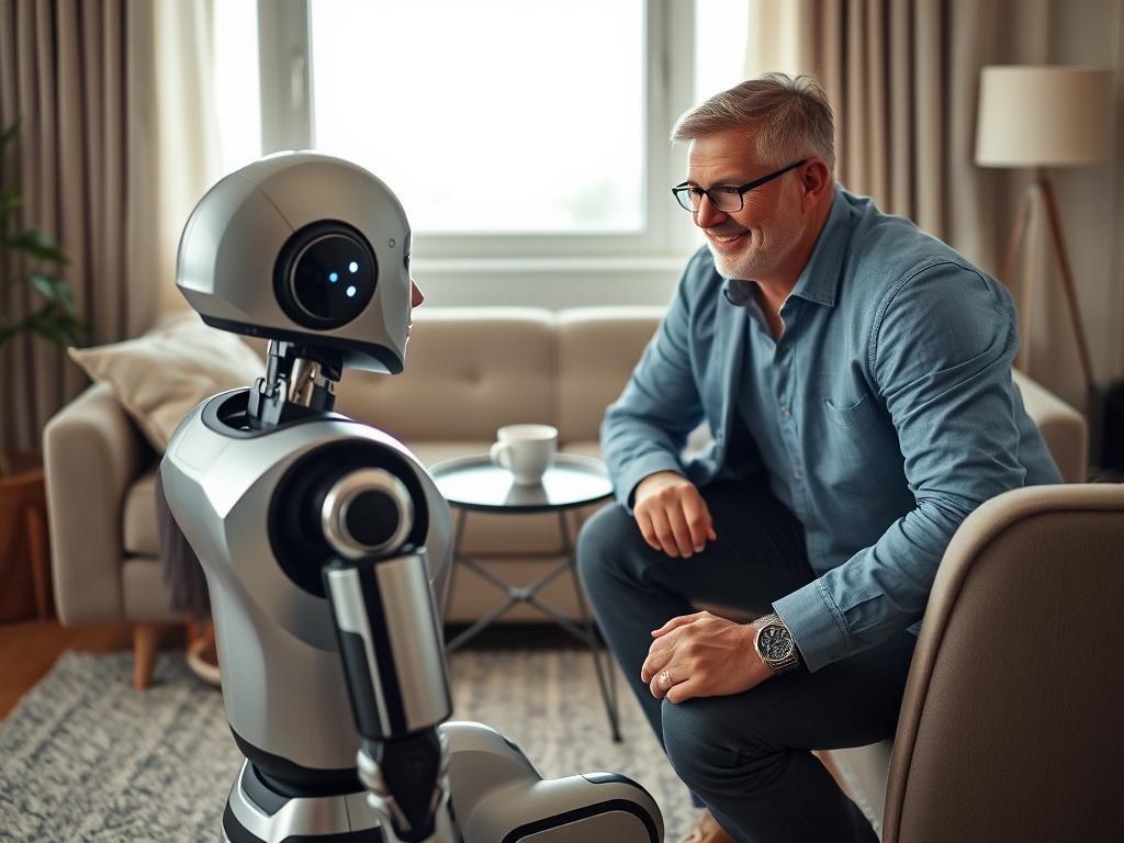A serene living room setting, where an advanced AI companion, inspired by the brand Sexlove.ai, is depicted interacting with a person. In the foreground, a humanoid robot with a sleek, metallic finish and expressive LED facial features sits across from a middle-aged individual dressed in smart, casual attire, showcasing a warm smile as they engage in conversation. The middle ground features a cozy couch with soft throw pillows and a small, stylish coffee table with a steaming cup of coffee. In the background, large windows with soft natural light filtering in illuminate the room, creating a warm and inviting atmosphere. The scene conveys a sense of companionship and connection, reflecting the theme of modern loneliness while emphasizing the supportive role of advanced AI technology. The angle captures both the AI and the person equally, showcasing their interaction vividly.