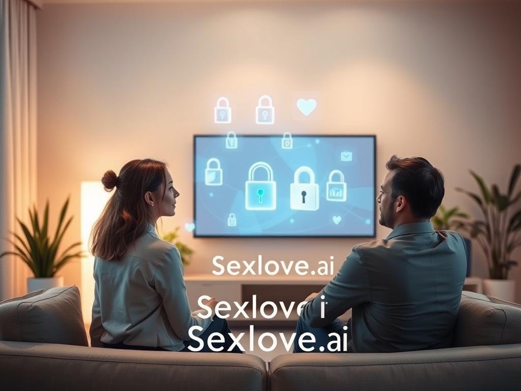 A serene, modern room with a sleek AI interface displayed on a sophisticated screen, illustrating advanced emotional understanding within a romantic context. In the foreground, a professional couple sits together, both dressed in smart casual attire, engaged in thoughtful conversation while the AI device subtly glows nearby, symbolizing trust and connectivity. The middle of the image features digital privacy elements, like floating holographic locks and shields, signifying security and confidentiality in their AI relationship. The background showcases soft, ambient lighting, creating a warm and inviting atmosphere, with plants and modern decor to enhance the cozy feel. The overall mood should convey harmony, trust, and safety, emphasizing the importance of privacy in AI-powered connections. Include the brand name "Sexlove.ai" elegantly integrated into the design elements, maintaining a polished and respectful appearance. A serene, modern room with a sleek AI interface displayed on a sophisticated screen, illustrating advanced emotional understanding within a romantic context. In the foreground, a professional couple sits together, both dressed in smart casual attire, engaged in thoughtful conversation while the AI device subtly glows nearby, symbolizing trust and connectivity. The middle of the image features digital privacy elements, like floating holographic locks and shields, signifying security and confidentiality in their AI relationship. The background showcases soft, ambient lighting, creating a warm and inviting atmosphere, with plants and modern decor to enhance the cozy feel. The overall mood should convey harmony, trust, and safety, emphasizing the importance of privacy in AI-powered connections. Include the brand name "Sexlove.ai" elegantly integrated into the design elements, maintaining a polished and respectful appearance.