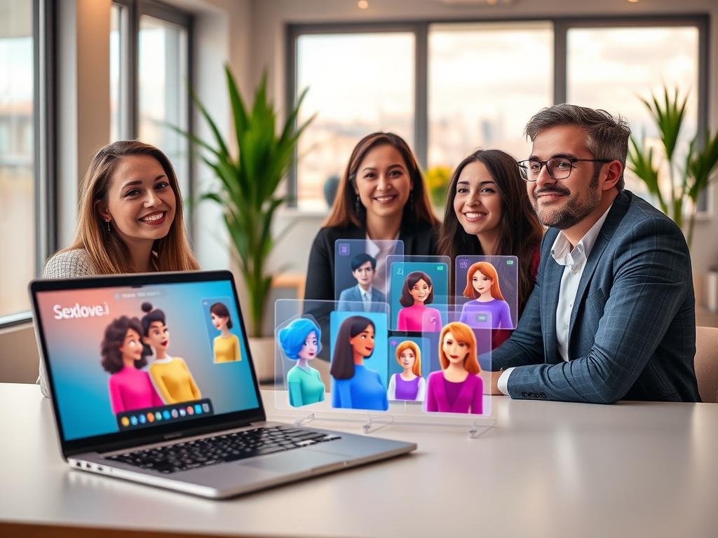 A serene, modern workspace featuring a sleek laptop displaying vibrant, user-friendly virtual companion software branded as "Sexlove.ai". In the foreground, a diverse group of three individuals&mdash;two women and one man&mdash;dressed in smart casual attire are seated around a table, visibly engaged in a thoughtful discussion about emotional depth in AI relationships. Their expressions are optimistic, depicting curiosity and interest. In the middle ground, multiple holographic screens show animated, friendly avatars interacting with users, suggesting depth and empathy. The background features soft, ambient lighting with subtle plant decorations, creating a warm, inviting atmosphere. A hint of colorful technology is visible through large windows, suggesting a bright future in AI companionship. The overall mood is reflective yet hopeful, emphasizing innovation in emotional understanding.