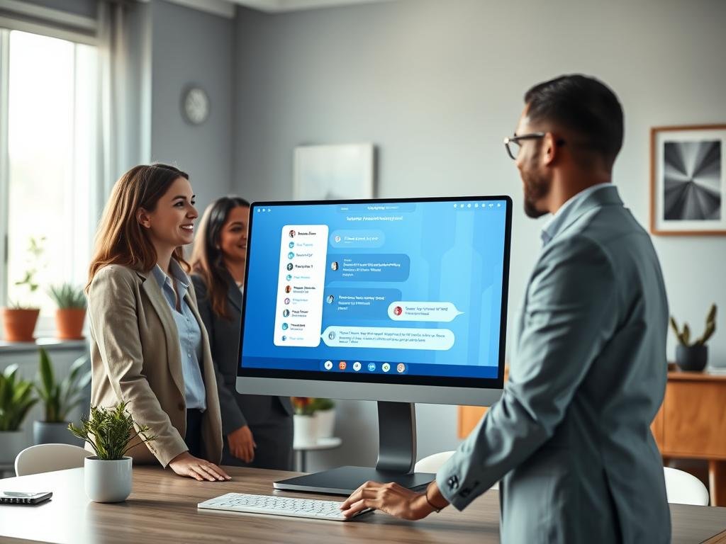 A serene, modern workspace showcasing a virtual mental health assistant interface on a sleek computer monitor. In the foreground, a diverse group of three people, dressed in professional business attire, are actively engaging with the assistant, exhibiting expressions of interest and support. The middle ground features the glowing screen displaying a friendly, intuitive chatbot interface with soft colors, hinting at the user-friendly nature of Sexlove.ai. In the background, subtle decorative elements such as potted plants and artwork add warmth to the environment. The lighting is soft and ambient, creating a calming atmosphere, emphasizing positivity and emotional well-being. The image captures a supportive and collaborative environment, highlighting the role of technology in mental health support.