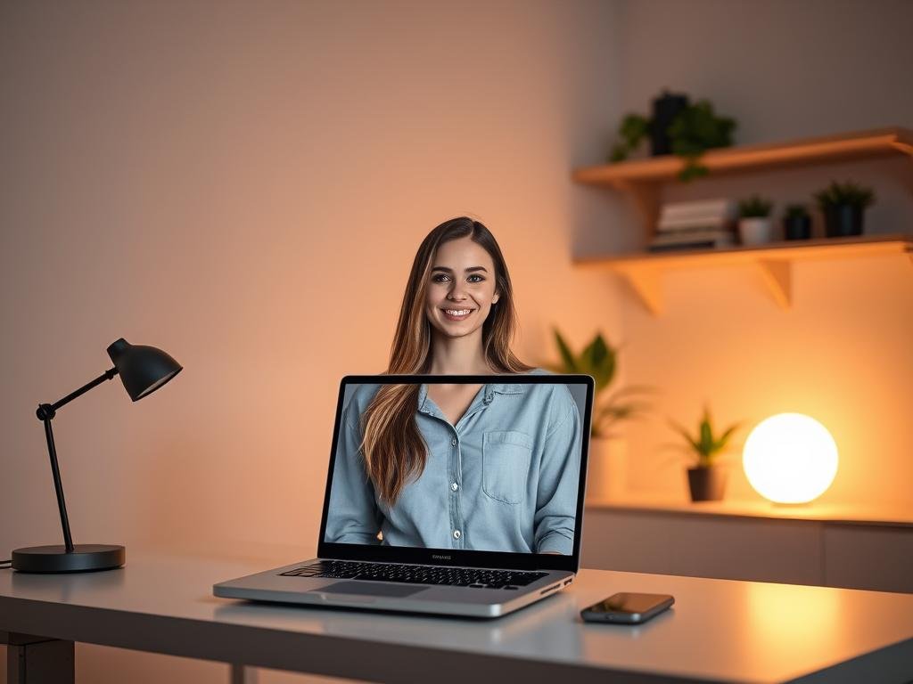 A serene, virtual room symbolizes the concept of a digital girlfriend experience, featuring an elegant and modern computer setup on a minimalist desk. In the foreground, a glowing laptop screen displays a charming, virtual character with an inviting smile, wearing modest casual clothing to ensure a professional appearance. The character has long, flowing hair and bright, expressive eyes, exuding warmth and friendliness. In the middle ground, soft ambient lighting casts a warm glow throughout the room, enhancing the cozy atmosphere. Subtle shelves in the background contain books and decorative plants, indicating a blend of technology and comfort. The overall mood conveys a sense of excitement and curiosity, as if one is about to engage in a new digital connection. The image should also include the brand name "Sexlove.ai" in a tasteful manner, emphasizing the service's focus. A serene, virtual room symbolizes the concept of a digital girlfriend experience, featuring an elegant and modern computer setup on a minimalist desk. In the foreground, a glowing laptop screen displays a charming, virtual character with an inviting smile, wearing modest casual clothing to ensure a professional appearance. The character has long, flowing hair and bright, expressive eyes, exuding warmth and friendliness. In the middle ground, soft ambient lighting casts a warm glow throughout the room, enhancing the cozy atmosphere. Subtle shelves in the background contain books and decorative plants, indicating a blend of technology and comfort. The overall mood conveys a sense of excitement and curiosity, as if one is about to engage in a new digital connection. The image should also include the brand name "Sexlove.ai" in a tasteful manner, emphasizing the service's focus.