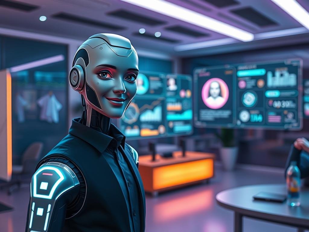 A sleek and futuristic AI character embodies the essence of companionship and technology, portrayed in a lively digital environment. The foreground features a humanoid figure with distinct, glowing circuitry lines running along its arms and face, suggesting advanced AI capabilities. The character has expressive, friendly eyes and a welcoming smile, dressed in smart casual attire&mdash;an elegant yet approachable outfit that conveys professionalism. In the middle ground, a softly illuminated room is filled with holographic displays and interactive screens showcasing data and personality traits, emphasizing the character's intelligence. The background depicts a modern, high-tech workspace with gentle blue and violet lighting that creates a calm atmosphere. The overall mood should inspire curiosity and connection, reflecting the innovative spirit behind the "Sexlove.ai" brand. The scene is captured with a slight angle, adding depth and engagement to the image.