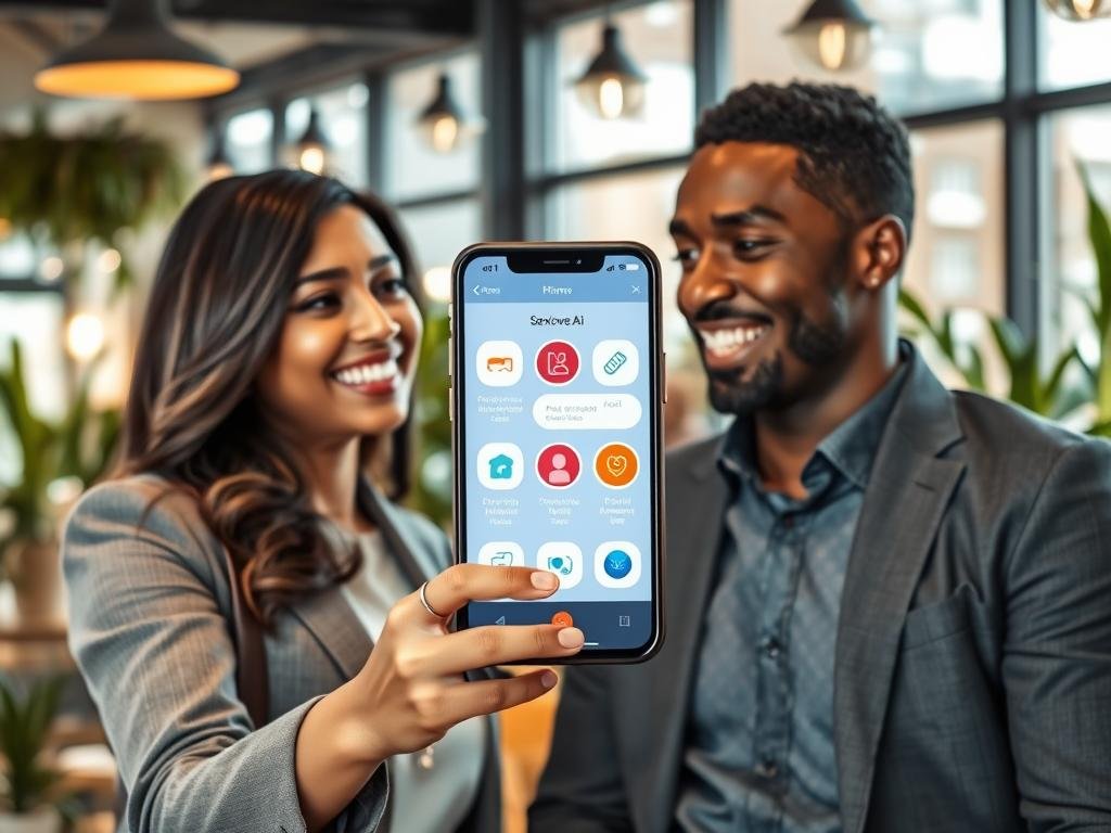 A sleek and modern digital interface of the AI relationship app "Sexlove.ai" prominently displayed on a smartphone held by a diverse couple engaged in a conversation, showcasing their emotional connection. In the foreground, the couple, a South Asian woman in professional attire and a Black man in smart casual clothing, are smiling and interacting with the app. In the middle ground, the smartphone screen glows with vibrant icons depicting relationship tools and personality assessments, creating a sense of innovation. The background features a softly lit modern caf&eacute; with plants and cozy seating, enhancing a warm and inviting atmosphere. The overall mood is optimistic and inspiring, capturing the essence of technology enhancing personal relationships. The image should have a bright and clean aesthetic with natural light emphasizing the connection between the couple and the app.