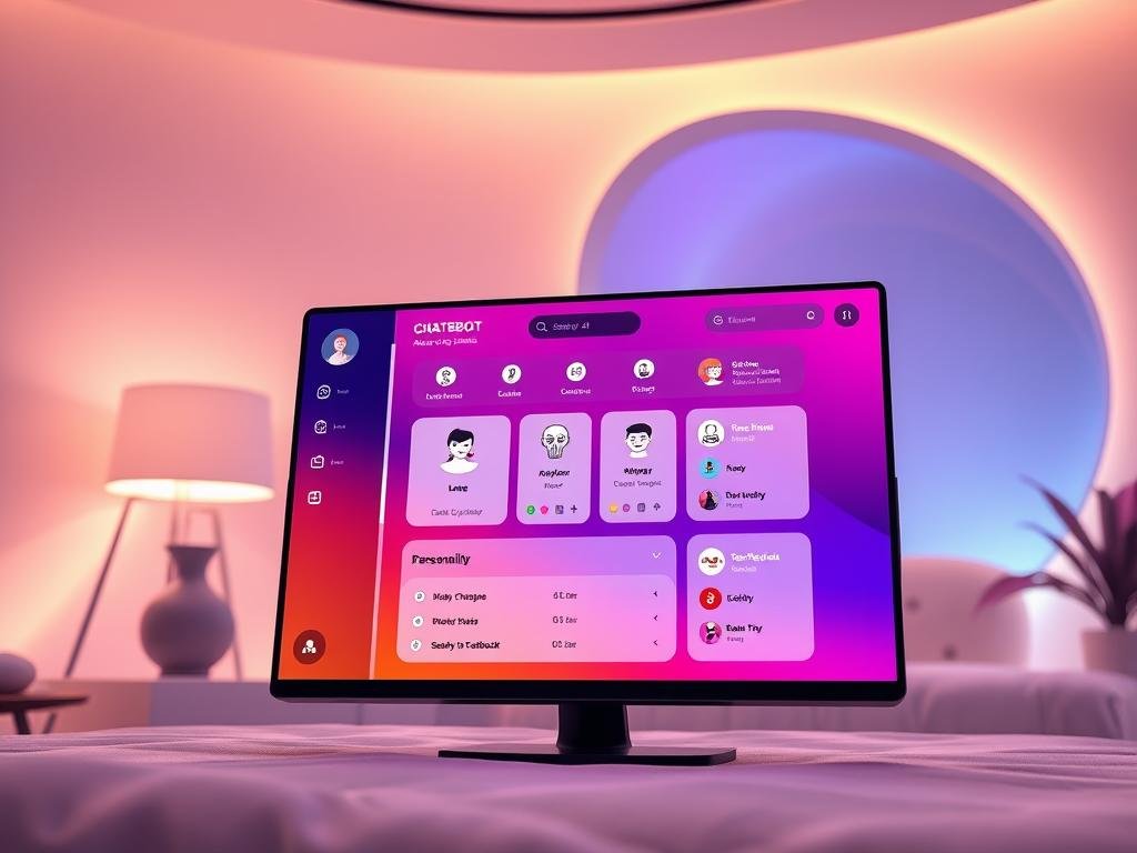 A sleek and modern digital interface representing adult chatbot features in a luxurious, ambient setting. In the foreground, a user-friendly dashboard shows chatbot interactions on a high-resolution screen, designed with vibrant colors and smooth gradients. The middle layer features illustrative icons symbolizing conversation, personality, and emotional feedback, all designed in a minimalist style. The background showcases soft, ambient lighting with a futuristic feel, featuring abstract shapes and gentle curves to evoke a sense of intimacy and user comfort. The atmosphere is inviting and engaging, focusing on the innovation and ease of use. Include subtle branding elements of Sexlove.ai to emphasize the chatbot's identity without overwhelming the composition. Use a wide-angle lens to capture the entire interface in a single perspective. A sleek and modern digital interface representing adult chatbot features in a luxurious, ambient setting. In the foreground, a user-friendly dashboard shows chatbot interactions on a high-resolution screen, designed with vibrant colors and smooth gradients. The middle layer features illustrative icons symbolizing conversation, personality, and emotional feedback, all designed in a minimalist style. The background showcases soft, ambient lighting with a futuristic feel, featuring abstract shapes and gentle curves to evoke a sense of intimacy and user comfort. The atmosphere is inviting and engaging, focusing on the innovation and ease of use. Include subtle branding elements of Sexlove.ai to emphasize the chatbot's identity without overwhelming the composition. Use a wide-angle lens to capture the entire interface in a single perspective.