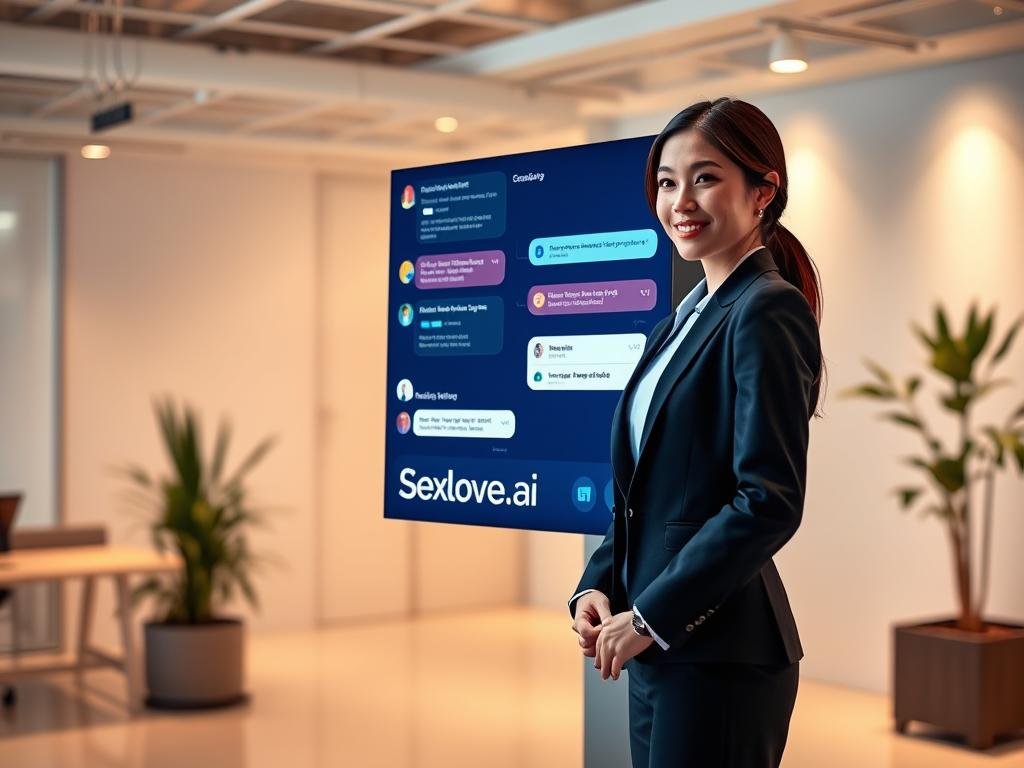 A sleek and modern digital workspace featuring a virtual assistant interface on a high-tech screen, displaying an engaging chat conversation. In the foreground, a professional-looking female character wearing smart business attire interacts with the virtual assistant, showcasing a friendly and knowledgeable demeanor. The middle ground portrays the glowing screen filled with vibrant chat visuals, including colorful icons symbolizing memory and context. In the background, a contemporary office environment with soft ambient lighting creates a warm atmosphere, conveying a sense of collaboration and intelligence. The scene captures a high-angle perspective, emphasizing the interaction while maintaining a clean, minimalist aesthetic. The overall mood is inspiring and futuristic, highlighting the theme of advanced AI communication. Include the brand name "Sexlove.ai" subtly integrated into the digital interface, ensuring it fits harmoniously within the design.