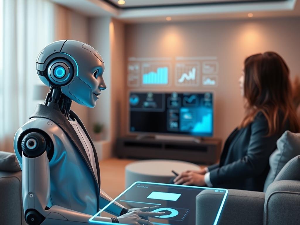 A sleek and modern interactive AI character is engaging with a user in a cozy and futuristic room. In the foreground, the AI character, a humanoid with a friendly expression, is depicted in professional attire, projecting a sense of warmth and approachability. The user, also dressed in casual business attire, is actively participating, with body language suggesting curiosity and interest. In the middle ground, a holographic interface displays dynamic visual elements like charts and icons representing conversation topics and interactive features. The background features soft lighting that creates an inviting atmosphere, with smart technology integrated into the room, such as a digital display and ambient smart lights suggesting a high-tech environment. The image is captured from a slightly angled perspective, emphasizing the engagement while maintaining a focus on the harmonious interaction. The overall mood conveys innovation and connection, perfect for illustrating the theme of AI character engagement. The A sleek and modern interactive AI character is engaging with a user in a cozy and futuristic room. In the foreground, the AI character, a humanoid with a friendly expression, is depicted in professional attire, projecting a sense of warmth and approachability. The user, also dressed in casual business attire, is actively participating, with body language suggesting curiosity and interest. In the middle ground, a holographic interface displays dynamic visual elements like charts and icons representing conversation topics and interactive features. The background features soft lighting that creates an inviting atmosphere, with smart technology integrated into the room, such as a digital display and ambient smart lights suggesting a high-tech environment. The image is captured from a slightly angled perspective, emphasizing the engagement while maintaining a focus on the harmonious interaction. The overall mood conveys innovation and connection, perfect for illustrating the theme of AI character engagement. The