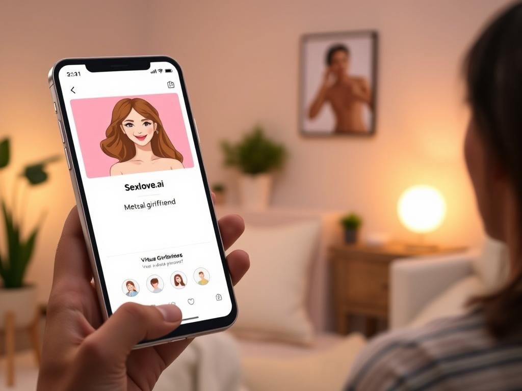 A sleek and modern smartphone displaying a user-friendly interface of the "Sexlove.ai" virtual girlfriend app, prominently featuring a vibrant, inviting character illustration on the screen. In the foreground, a person with a friendly smile, casually dressed, is holding the phone, engaging with the app as if in conversation. The middle section of the image showcases a serene, cozy room with soft lighting that creates a warm atmosphere, accentuated by comfortable furniture and decorative plants. In the background, a soft glowing light hints at the calming evening ambiance with muted colors. The overall mood should be inviting and optimistic, highlighting the ease of connecting with a virtual companion. A sleek and modern smartphone displaying a user-friendly interface of the "Sexlove.ai" virtual girlfriend app, prominently featuring a vibrant, inviting character illustration on the screen. In the foreground, a person with a friendly smile, casually dressed, is holding the phone, engaging with the app as if in conversation. The middle section of the image showcases a serene, cozy room with soft lighting that creates a warm atmosphere, accentuated by comfortable furniture and decorative plants. In the background, a soft glowing light hints at the calming evening ambiance with muted colors. The overall mood should be inviting and optimistic, highlighting the ease of connecting with a virtual companion.