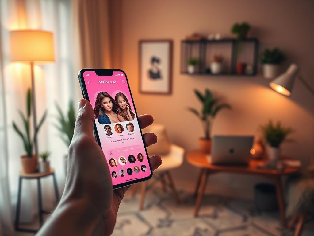 A sleek and modern smartphone displaying the interface of the "Sexlove.ai" app, showcasing a vibrant and engaging design with character avatars representing virtual girlfriends; foreground features a hand gently holding the phone, with the screen brightly lit to emphasize user interaction. In the middle, an inviting workspace with a cozy atmosphere: a soft, warm-toned background featuring stylish decor elements like potted plants, a comfortable chair, and a laptop. The overall lighting is warm and inviting, with soft shadows, creating a relaxed and intimate ambiance. The scene exudes a sense of companionship and engagement, portraying the idea of a friendly and personalized AI experience without any explicit or suggestive elements. A sleek and modern smartphone displaying the interface of the "Sexlove.ai" app, showcasing a vibrant and engaging design with character avatars representing virtual girlfriends; foreground features a hand gently holding the phone, with the screen brightly lit to emphasize user interaction. In the middle, an inviting workspace with a cozy atmosphere: a soft, warm-toned background featuring stylish decor elements like potted plants, a comfortable chair, and a laptop. The overall lighting is warm and inviting, with soft shadows, creating a relaxed and intimate ambiance. The scene exudes a sense of companionship and engagement, portraying the idea of a friendly and personalized AI experience without any explicit or suggestive elements.