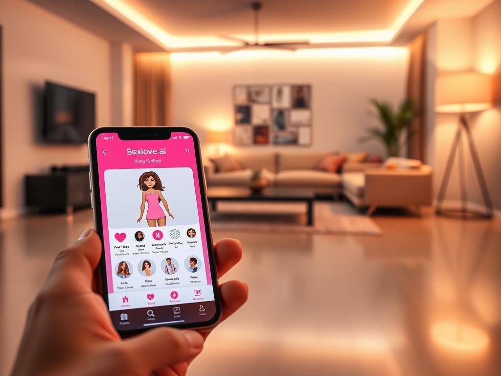 A sleek and modern user interface of a virtual girlfriend app called "Sexlove.ai" displayed on a smartphone, emphasizing customization features. In the foreground, the phone screen shows various options for personalizing the AI companion, including clothing choices, personality traits, and interaction styles. The middle layer features a stylish, contemporary living room with soft ambient lighting, inviting colors, and a cozy atmosphere, suggesting a digital interaction space where users can personalize their experiences. In the background, abstract digital patterns symbolize artificial intelligence and personalization. The entire scene is well-lit, capturing a warm and engaging mood, with a focus on the phone's interface and its clear, user-friendly design. The angle is slightly tilted to enhance depth and draw attention to the app features.