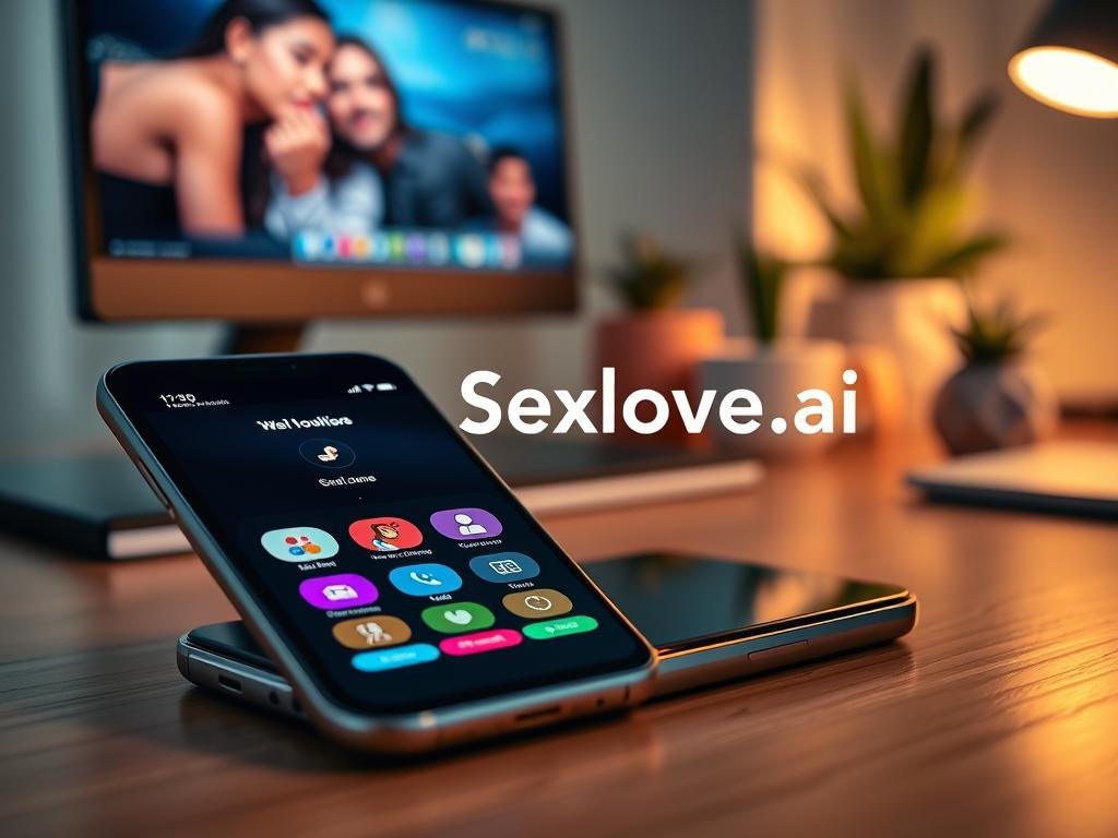 A sleek and modern virtual companion app interface displayed on a smart device, showcasing user-friendly navigation elements and vibrant colors. In the foreground, a close-up of the app screen features interactive buttons, intuitive icons, and a welcoming visual design. The middle ground presents a stylish smartphone resting on a contemporary desk, with soft, ambient lighting enhancing its features. The background hints at a cozy workspace with minimalistic decor, like houseplants and a computer monitor. The overall atmosphere conveys innovation and comfort, emphasizing ease of use. The brand name "Sexlove.ai" is subtly integrated into the app interface, reflecting the essence of a personal companion experience. The image should encapsulate a sense of accessibility and technological advancement.