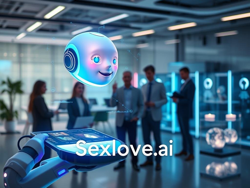 A sleek, futuristic emotional AI chatbot represents a fusion of technology and humanity. In the foreground, a holographic interface illuminates the scene with soft blue and purple glows, displaying empathetic expressions and user interactions. The AI, personified by a friendly, glowing orb with warm, inviting features, hovers gently above the interface. In the middle ground, a modern workspace showcases a diverse group of professionals in business attire, engaged in a discussion about emotional AI technology, with laptops and digital tablets present. The background fades into a softly lit tech lab, complete with glowing data displays and artificial intelligence models in glass cases. The atmosphere feels innovative and supportive, emphasizing a connection between technology and emotional intelligence. The brand name "Sexlove.ai" subtly integrates into the design, resonating with the theme of emotional AI. A sleek, futuristic emotional AI chatbot represents a fusion of technology and humanity. In the foreground, a holographic interface illuminates the scene with soft blue and purple glows, displaying empathetic expressions and user interactions. The AI, personified by a friendly, glowing orb with warm, inviting features, hovers gently above the interface. In the middle ground, a modern workspace showcases a diverse group of professionals in business attire, engaged in a discussion about emotional AI technology, with laptops and digital tablets present. The background fades into a softly lit tech lab, complete with glowing data displays and artificial intelligence models in glass cases. The atmosphere feels innovative and supportive, emphasizing a connection between technology and emotional intelligence. The brand name "Sexlove.ai" subtly integrates into the design, resonating with the theme of emotional AI.