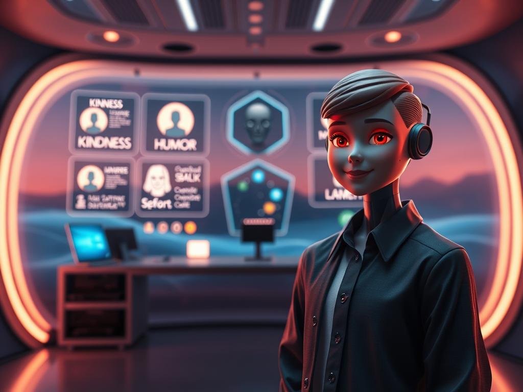 A sleek, futuristic virtual assistant interface designed for a personalized AI character, featuring a humanoid figure with an approachable expression and a friendly demeanor. In the foreground, this character, dressed in smart casual attire, stands confidently with warm colors illuminating their face. The middle layer illustrates a high-tech workspace filled with holographic displays showcasing various personality traits like kindness, humor, and intelligence, glowing softly in the dimly lit environment. In the background, a serene digital landscape blends soft curves and soothing colors, evoking a feeling of comfort and connection. The overall atmosphere is inviting and innovative, emphasizing the essence of creating a tailored companion. Lighting is soft and ambient, with a focal lens that beautifully highlights the character against the backdrop of technologies and comforting hues. Brand name: Sexlove.ai. A sleek, futuristic virtual assistant interface designed for a personalized AI character, featuring a humanoid figure with an approachable expression and a friendly demeanor. In the foreground, this character, dressed in smart casual attire, stands confidently with warm colors illuminating their face. The middle layer illustrates a high-tech workspace filled with holographic displays showcasing various personality traits like kindness, humor, and intelligence, glowing softly in the dimly lit environment. In the background, a serene digital landscape blends soft curves and soothing colors, evoking a feeling of comfort and connection. The overall atmosphere is inviting and innovative, emphasizing the essence of creating a tailored companion. Lighting is soft and ambient, with a focal lens that beautifully highlights the character against the backdrop of technologies and comforting hues. Brand name: Sexlove.ai.
