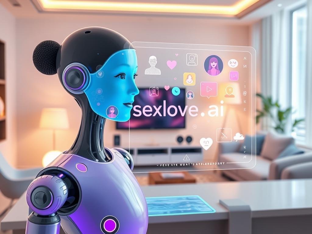 A sleek, futuristic virtual chat assistant, designed to represent the brand "Sexlove.ai." In the foreground, a holographic interface displays lively, colorful animations that embody personality and warmth, projecting a friendly demeanor. The middle ground features a modern, minimalistic workspace with a high-tech touch, including a smart screen and personal digital devices, emphasizing the AI's functionality. In the background, a softly lit, stylish room with soft pastel colors creates a calming atmosphere, promoting a sense of comfort and approachability. The lighting is bright but soft, casting gentle reflections on the surfaces, while a slight lens blur adds depth to the image. The overall mood is inviting, demonstrating the importance of personality in a virtual chat assistant, making it feel more like an engaging companion. A sleek, futuristic virtual chat assistant, designed to represent the brand "Sexlove.ai." In the foreground, a holographic interface displays lively, colorful animations that embody personality and warmth, projecting a friendly demeanor. The middle ground features a modern, minimalistic workspace with a high-tech touch, including a smart screen and personal digital devices, emphasizing the AI's functionality. In the background, a softly lit, stylish room with soft pastel colors creates a calming atmosphere, promoting a sense of comfort and approachability. The lighting is bright but soft, casting gentle reflections on the surfaces, while a slight lens blur adds depth to the image. The overall mood is inviting, demonstrating the importance of personality in a virtual chat assistant, making it feel more like an engaging companion.