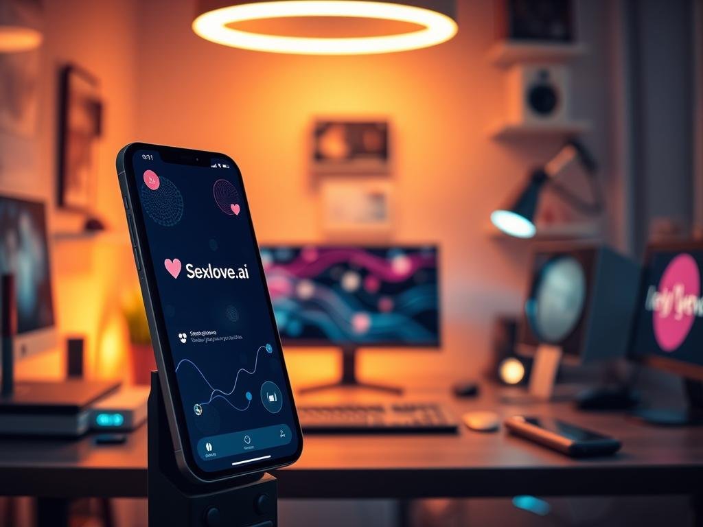A sleek, modern AI chatbot app interface displayed prominently in the foreground, showcasing the brand name "Sexlove.ai". The app&rsquo;s chat interface is visually appealing with vibrant colors and smooth lines, emphasizing user-friendliness. In the middle ground, depict an abstract representation of digital communication, like flowing data streams or softly glowing icons, symbolizing interaction and connection. The background features a softly illuminated, contemporary tech workspace filled with subtle hints of futuristic gadgets, casting a bright, inviting glow. The lighting should be warm yet professional, suggesting a cozy digital environment that encourages engagement. Capture an atmosphere of innovation and companionship, designed to evoke curiosity and a sense of exploration. The image should be polished, clear, and suitable for a tech-focused article.