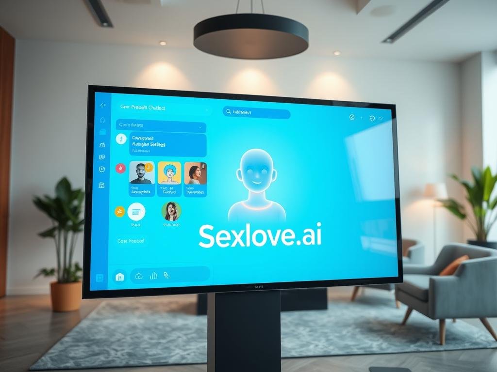 A sleek, modern AI chatbot platform interface displayed on a large, high-resolution touch screen. In the foreground, the screen shows an attractive user-friendly chatbot design, with vibrant colors and intuitive icons representing features like conversation, personality settings, and interaction logs. The middle ground features a softly glowing digital assistant figure, designed with warm, inviting characteristics, symbolizing empathy and intelligence. In the background, an elegant, minimalist office environment with soft lighting creates a relaxed atmosphere, with contemporary furniture and potted plants. Use a wide-angle lens effect to capture depth, with a focus on the screen to highlight the "Sexlove.ai" branding. The overall mood conveys innovation, comfort, and connectedness in the realm of AI chatbots.