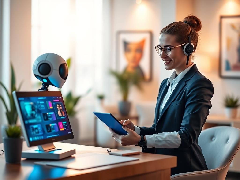 A sleek, modern AI companion chatbot sitting on a stylish desk, exuding an aura of friendliness and intelligence. The foreground features a futuristic chatbot interface projected softly, with vibrant colors that suggest an engaging conversation and personalization. In the middle, a person in professional business attire, focused and smiling, interacts with the chatbot, using a touchscreen tablet. The background showcases a cozy, well-lit room with soft ambient lighting, plants, and art on the walls to convey warmth and innovation. The scene is captured with a shallow depth of field, highlighting the person and the chatbot interface. The atmosphere is inviting and inspiring, suggesting ease of use and connection. Incorporate the brand name "Sexlove.ai" subtly within the chatbot's interface design, ensuring it blends into the futuristic theme without dominating the composition.