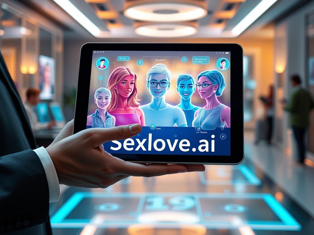 A sleek, modern AI conversational interface displayed on a high-tech tablet, featuring vibrant holographic projections of virtual avatars representing various AI personalities. The foreground showcases the tablet being held by an individual in professional attire, intently engaging with the interface. In the middle, the holographic avatars are animated with lively expressions, symbolizing communication and emotional depth. The background is a softly lit, futuristic workspace with subtle technology elements, like glowing screens and digital interfaces, creating a cutting-edge ambiance. The overall mood is warm and inviting, emphasizing the personalized, interactive nature of AI conversations. Incorporate the brand name "Sexlove.ai" subtly within the design elements without detracting from the main focus.