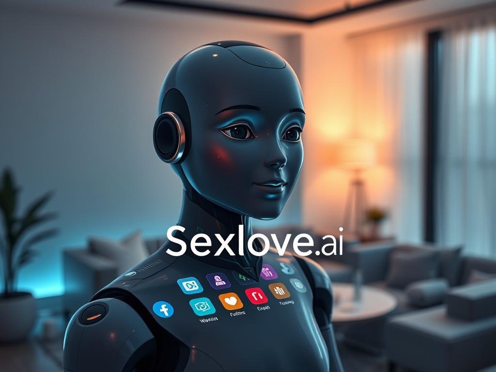 A sleek, modern artificial intelligence chatbot interface represented by a futuristic digital avatar, exuding warmth and intelligence. In the foreground, the avatar, resembling a friendly humanoid figure with soft features, is engaging with a user on a holographic display. The middle ground features an interactive interface with colorful icons, symbolizing various functionalities of the chatbot, creating an inviting atmosphere. In the background, a high-tech, minimalist room with soft ambient lighting suggests comfort and innovation, while a subtle bokeh effect enhances depth. The mood is friendly and approachable, inviting curiosity about the AI technology. The brand name "Sexlove.ai" is subtly integrated into the interface design, emphasizing its connection to the chatbot platform.