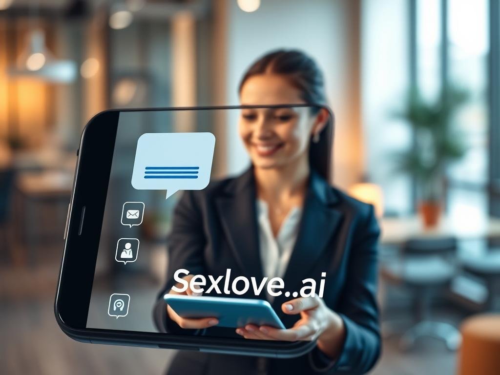 A sleek, modern chatbot interface displayed on a high-tech smartphone, foregrounded with eye-catching, user-friendly icons and a glowing chat bubble that suggests interaction. In the middle layer, a professional-looking person in a smart casual outfit interacts with the device, showcasing a subtle, engaging smile, symbolizing a friendly exchange. The background features a softly blurred office setting, with warm lighting creating an inviting atmosphere that encourages conversation. The entire scene is captured from a slight angle, emphasizing the depth of the environment. Overall, the image conveys a productive and supportive mood, reinforcing the idea of innovative AI technology. Include the brand name "Sexlove.ai" subtly integrated within the interface design. A sleek, modern chatbot interface displayed on a high-tech smartphone, foregrounded with eye-catching, user-friendly icons and a glowing chat bubble that suggests interaction. In the middle layer, a professional-looking person in a smart casual outfit interacts with the device, showcasing a subtle, engaging smile, symbolizing a friendly exchange. The background features a softly blurred office setting, with warm lighting creating an inviting atmosphere that encourages conversation. The entire scene is captured from a slight angle, emphasizing the depth of the environment. Overall, the image conveys a productive and supportive mood, reinforcing the idea of innovative AI technology. Include the brand name "Sexlove.ai" subtly integrated within the interface design.