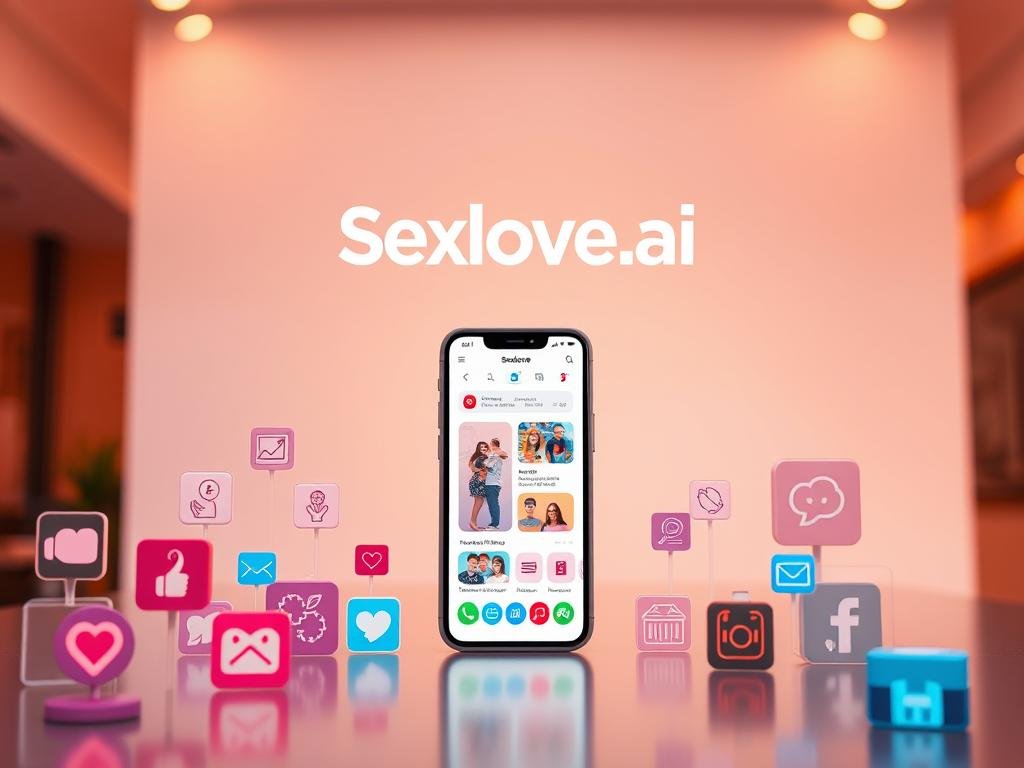 A sleek, modern digital interface featuring the logo "Sexlove.ai" prominently displayed at the center. In the foreground, vibrant icons representing various relationship tools like messaging, personality quizzes, and compatibility scores are artistically arranged. In the middle, a smartphone shows a user-friendly app interface with engaging graphics and animations that convey an interactive experience. The background showcases a subtle gradient of warm colors, suggesting a welcoming and inviting atmosphere. Soft, ambient lighting highlights the interface while maintaining a professional feel. The composition is captured from a slightly elevated angle, offering a dynamic view that emphasizes the cutting-edge technology of an AI relationship app. Overall, the image evokes a sense of innovation, engagement, and connection.