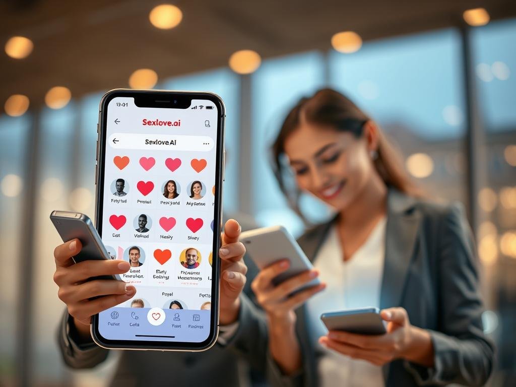 A sleek, modern interface of a machine learning love app named "Sexlove.ai" displayed on a smartphone, positioned prominently in the foreground against a softly blurred background. The screen shows various personalized profiles with heart icons and algorithmic graphics representing personality depth. The middle layer features a pair of diverse individuals, a man and a woman, both dressed in professional business attire, focused on their phones, conveying a sense of connection through technology. Warm, inviting lighting casts a glow on their faces, enhancing the mood of intimacy and exploration. The overall atmosphere is optimistic and engaging, inviting viewers to consider the intersection of technology and meaningful relationships. The focus is sharp on the phone and characters, with a slight bokeh effect in the background for a polished finish.